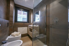 Shower, hair dryer, bidet, towels