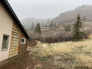Situated in a natural setting, this cabin offers a serene escape amidst evergreen trees and a hill.