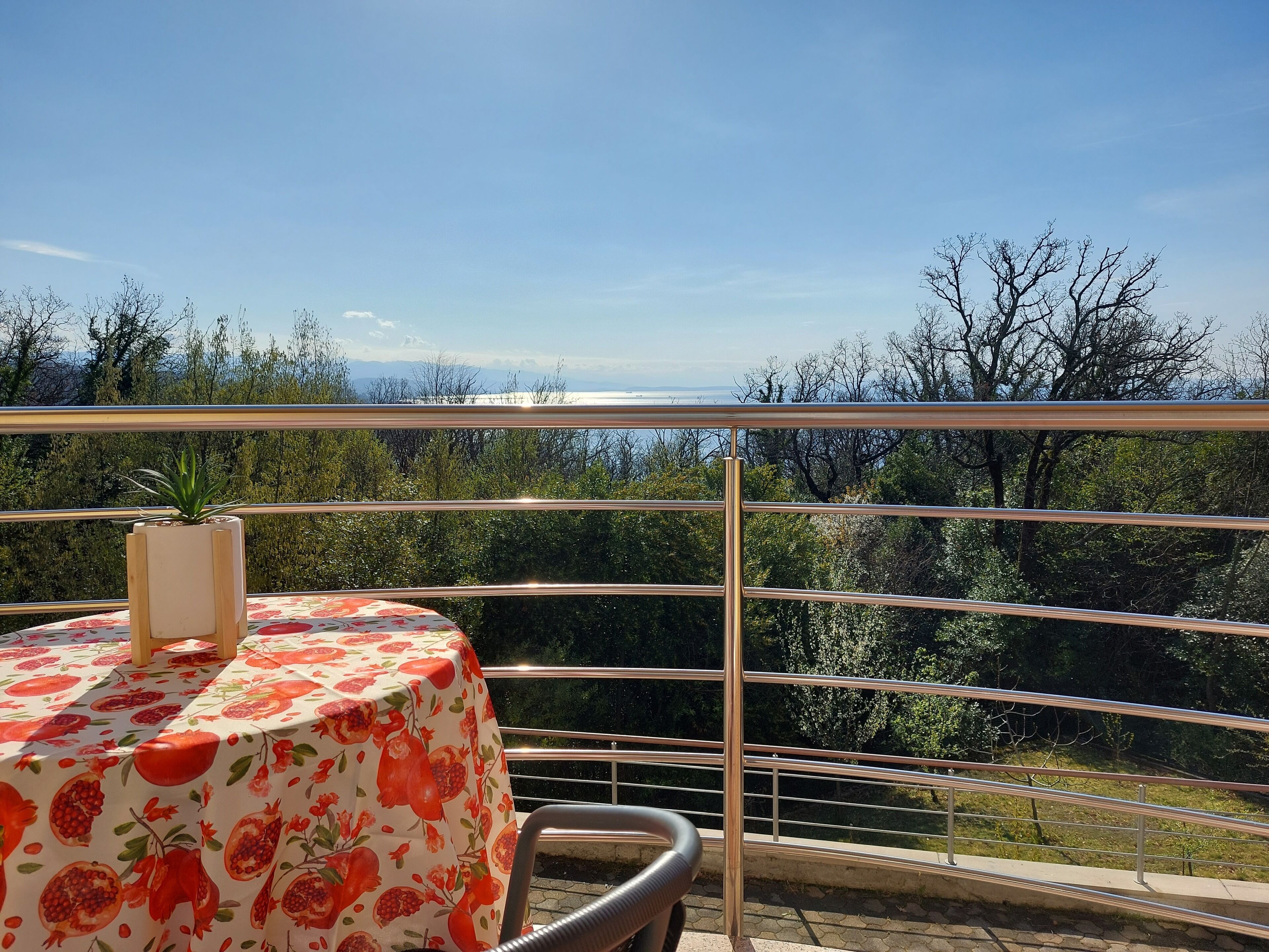 Un balcon avec une table recouverte d’une nappe ornée de motifs de grenades, une plante en pot et une rambarde en métal.