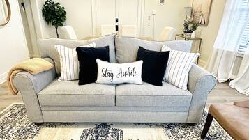 Smart TV, fireplace, books