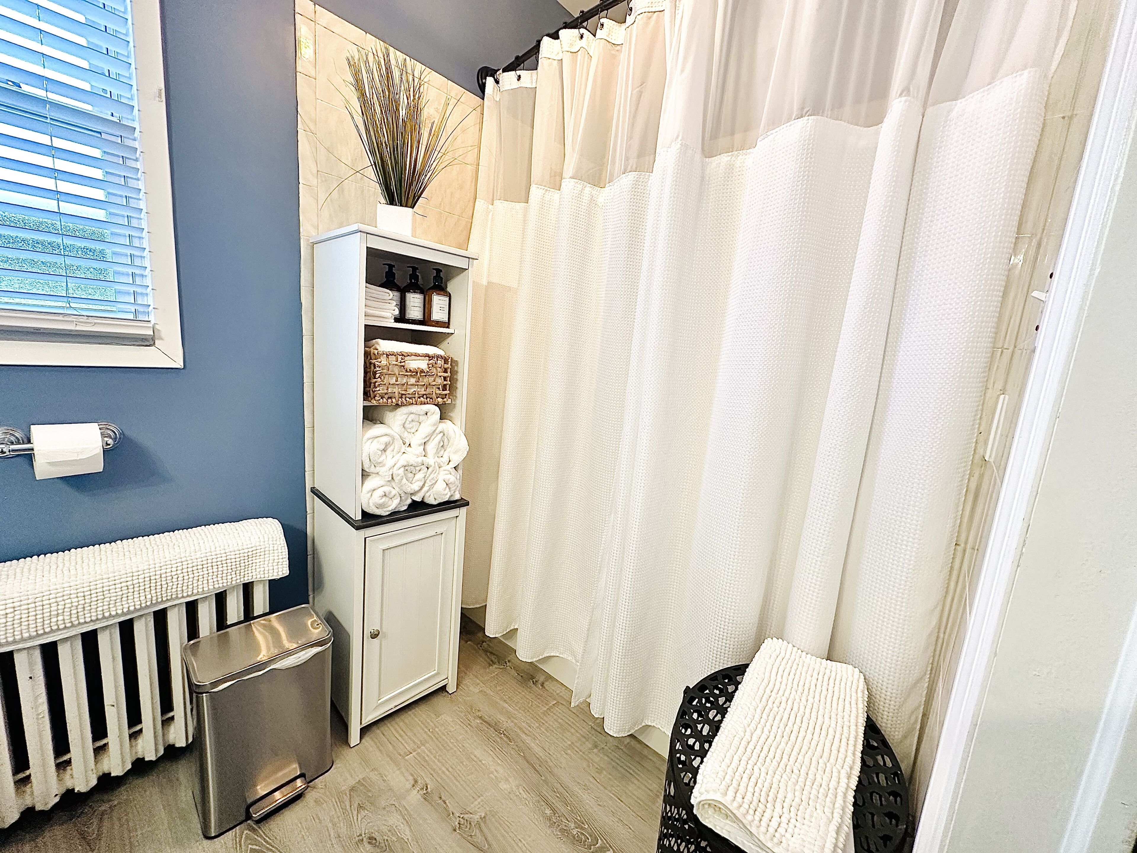 Combined shower/tub, hair dryer, towels, soap