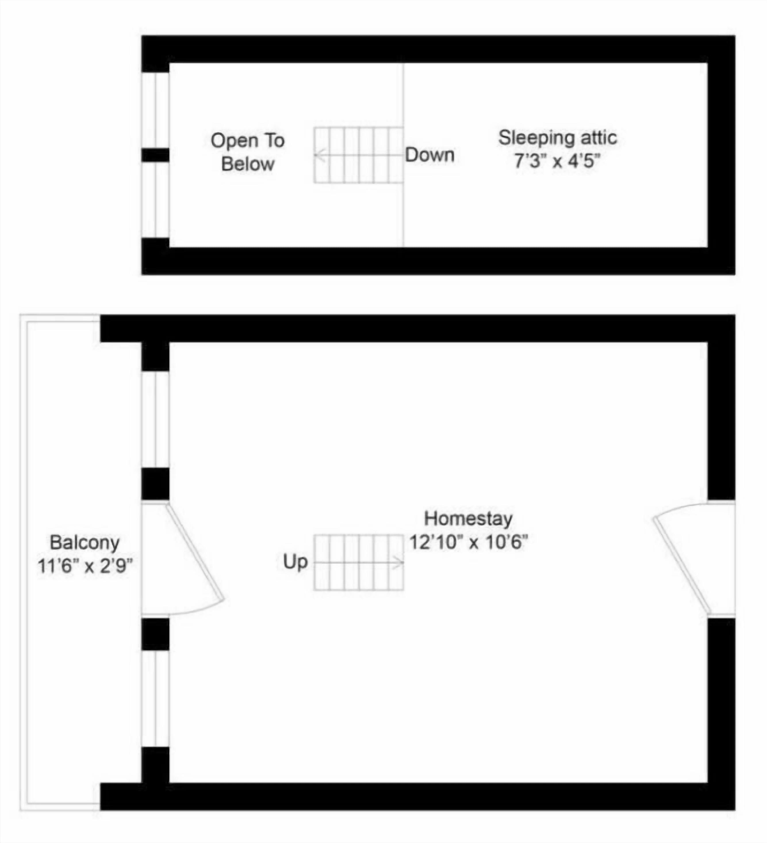 A floor plan of 208 Rocky Hollow Resort Rd with an approximate gross internal area of 166 ft². It includes a sleeping attic measuring 7'3" x 4'5", a balcony measuring 11'6" x 2'9", and a homestay area measuring 12'10" x 10'6".