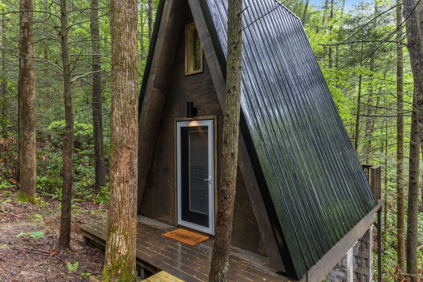 A small, A-frame wooden cabin in a forest.