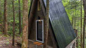 A small, A-frame wooden cabin in a forest.
