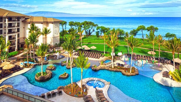 Un resort con una grande area piscina, palme e vista sull'oceano.