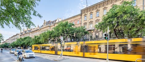 Eine Straßenbahn fährt auf einer Straße zwischen Gebäuden und Bäumen.