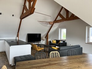 Smart TV, fireplace, ping pong, books