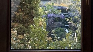 A view through a window with a view of a building with a tower and a tiled roof.