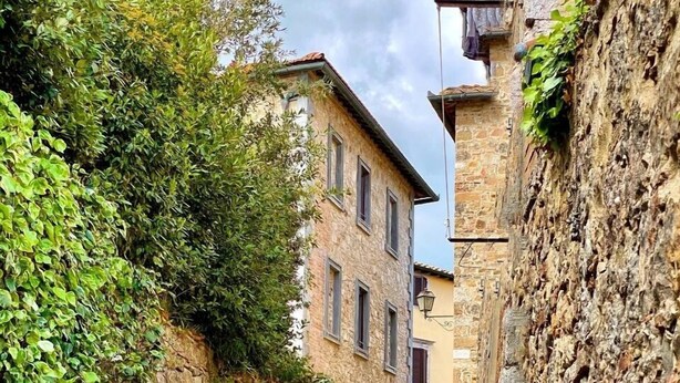 A narrow stone-paved street flanked by stone walls and buildings with multiple windows.