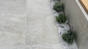 Piso revestido de azulejos com um canteiro estreito contendo diversas plantas e flores.