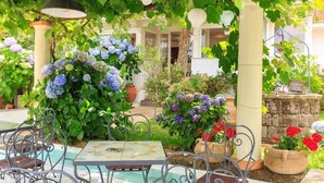 Un espace extérieur aménagé avec une table et des chaises, entouré d’une végétation luxuriante et de plantes en fleurs.