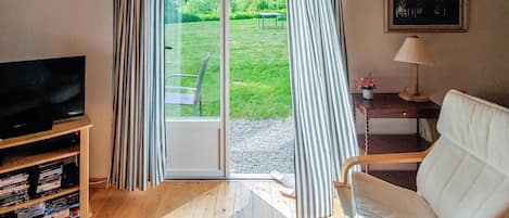 Televisión, chimenea, reproductor de DVD y estéreo