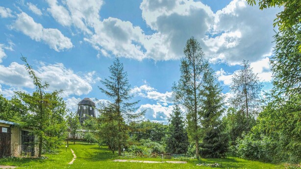 A lush green park with a prominent tower structure in the background.
