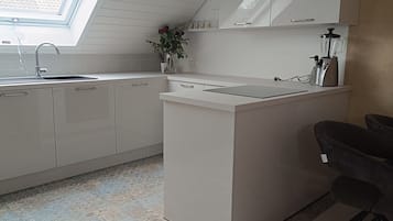 Kühlschrank, Ofen, Herdplatte, Wasserkocher mit Kaffee-/Teezubehör