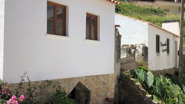 Un edificio bianco con due finestre e una base in pietra, circondato da fiori rosa e vegetazione.