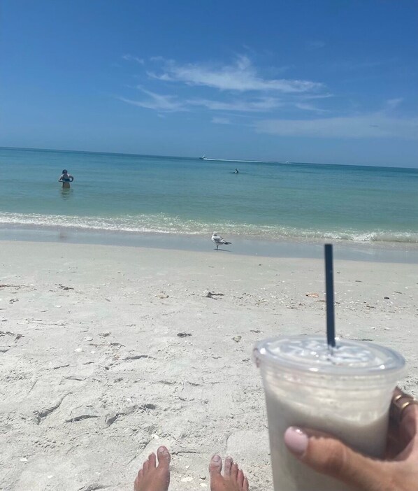 A beach with a clear sky, a person holding a drink, and a bird on the sand.
