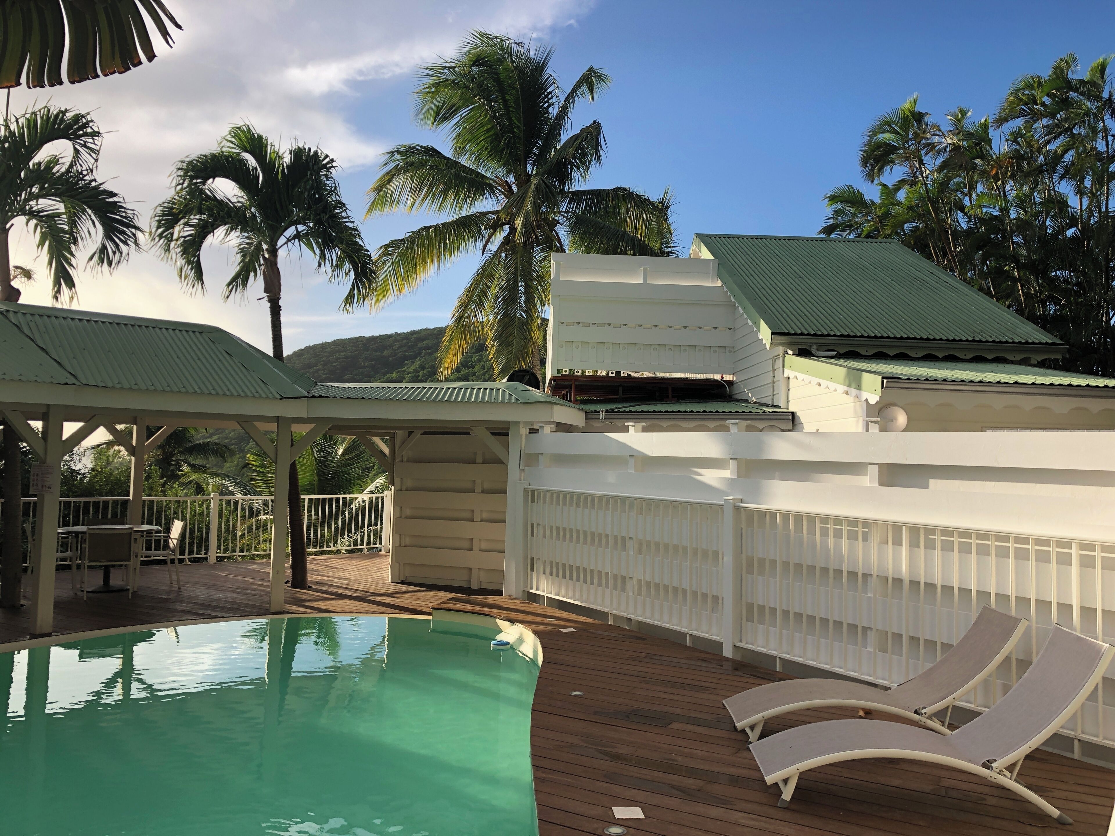 A pool area with lounge chairs, a covered seating area, and palm trees in the background.