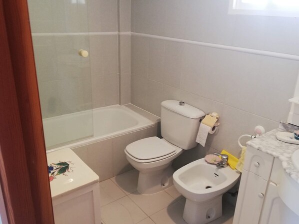 Bathtub, towels, toilet paper