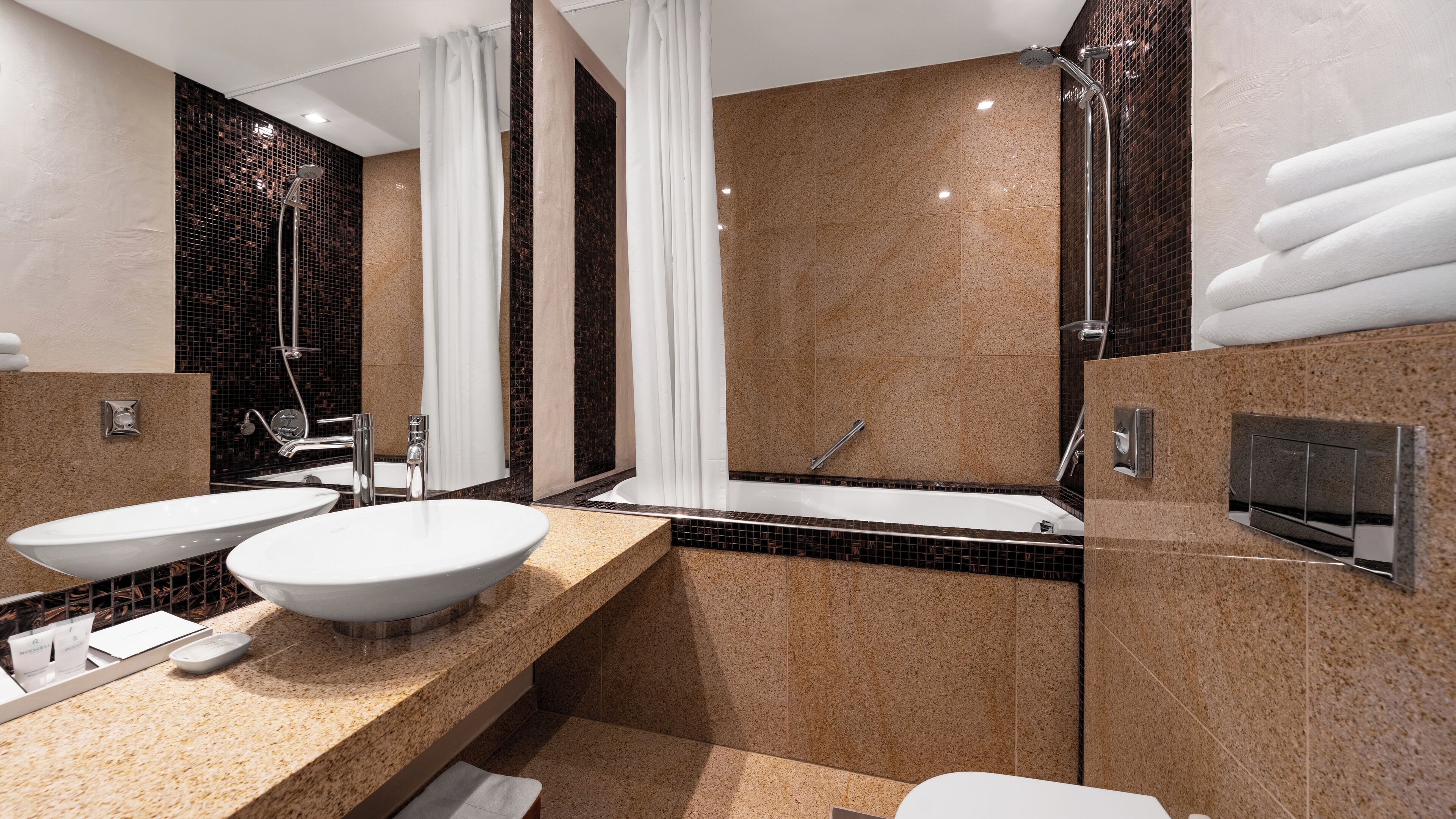 classic double or twin room | bathroom | hydromassage showerhead, hair dryer, towels, soap