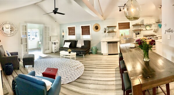 Smart TV, fireplace, books