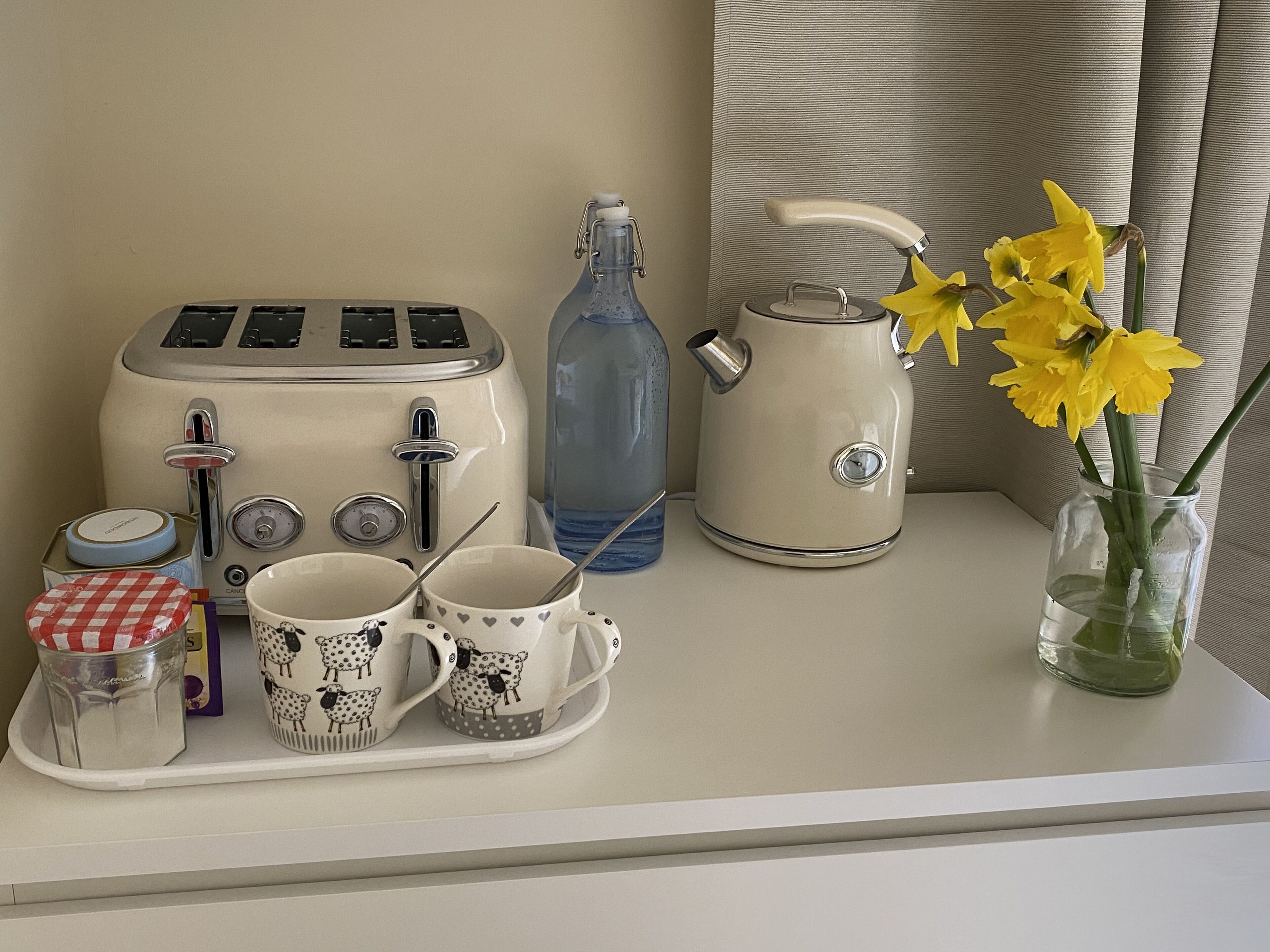 A kitchenette with a toaster, kettle, and a water bottle. There are also two mugs with a sheep design and a jar with a lid.