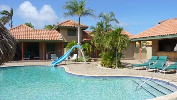 Une piscine avec un toboggan bleu, des chaises longues et des palmiers.