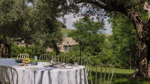 An outdoor dining table set with chairs, surrounded by lush greenery and trees. - Amazing villa with swimming pool into the nature with view over the Adriatic sea (Marche)