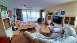 A modern living room with a bed, sofa, TV, and a bookshelf.