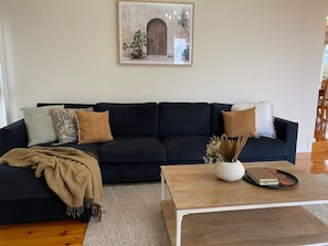 A dark-colored sofa with patterned cushions, a wooden coffee table with decorative items, and a framed picture on the wall.