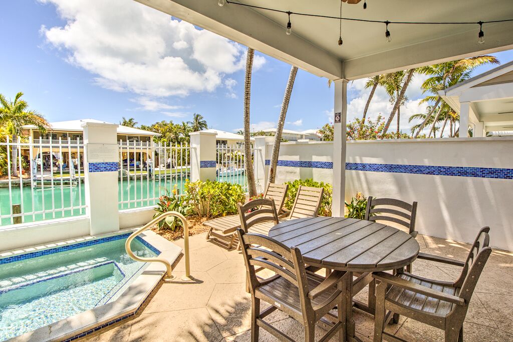 A poolside area with a table and chairs, a pool, and a covered patio.