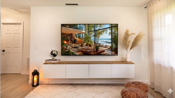 Un salon avec une grande télévision, un globe terrestre et une plante, le tout posé sur une console blanche.