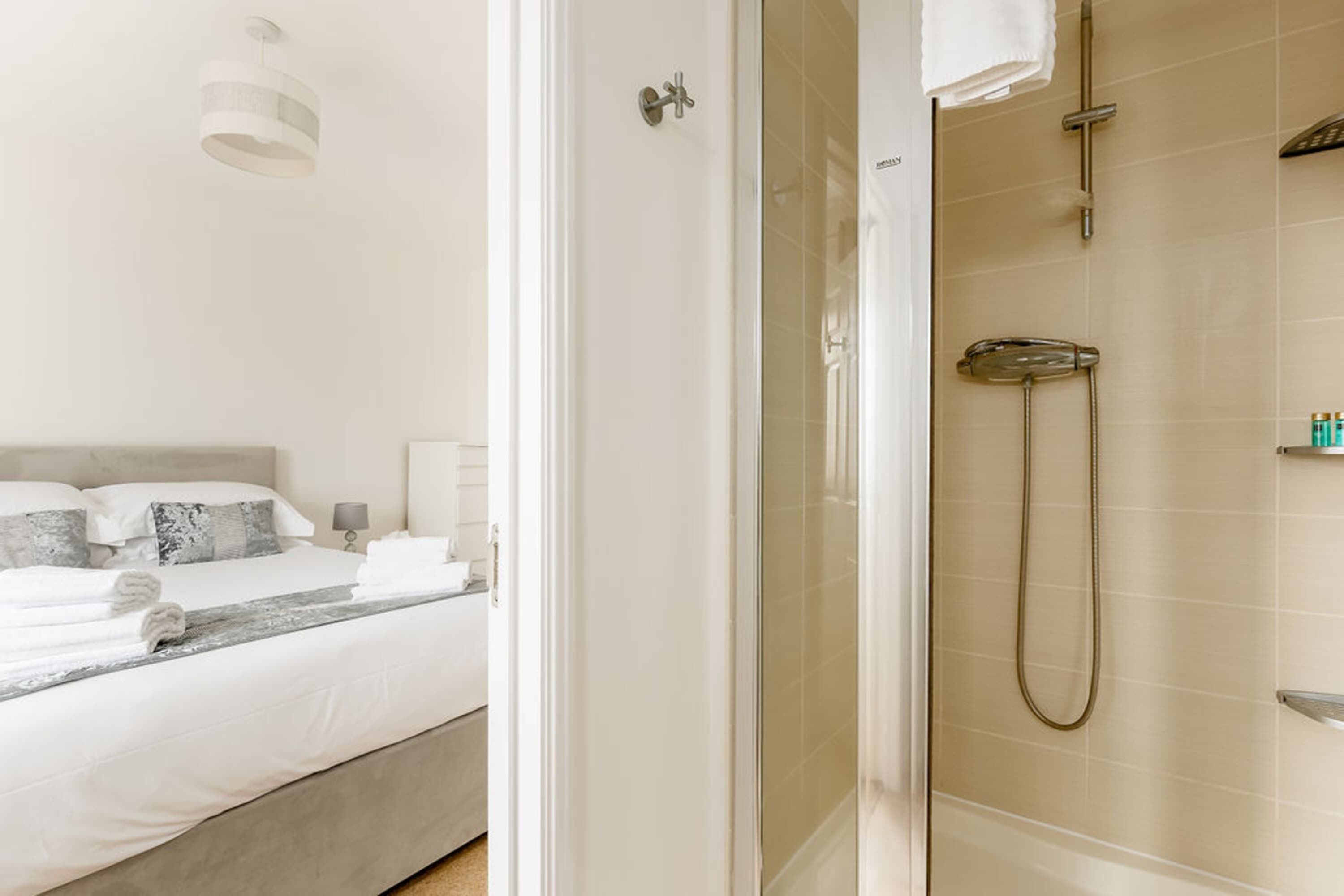 Shower, hair dryer, towels