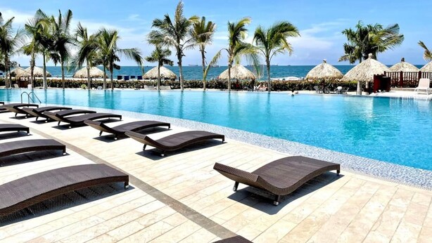 Zona junto a la piscina con sillones de descanso, palmeras y vista despejada del océano.