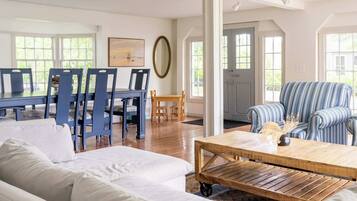 TV, fireplace, books