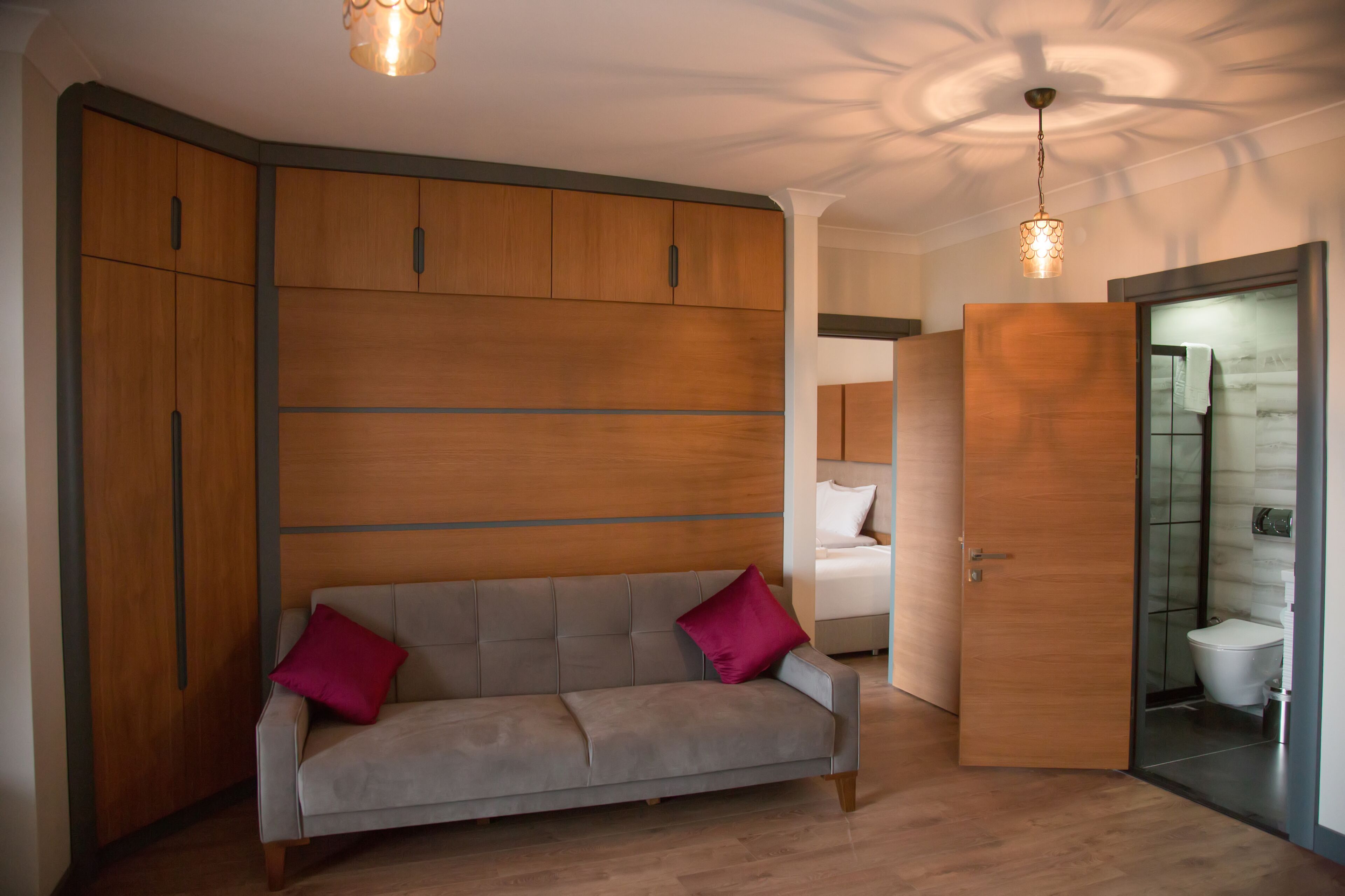 A modern room with a grey sofa, wooden wardrobe, and a glass door leading to a bathroom.