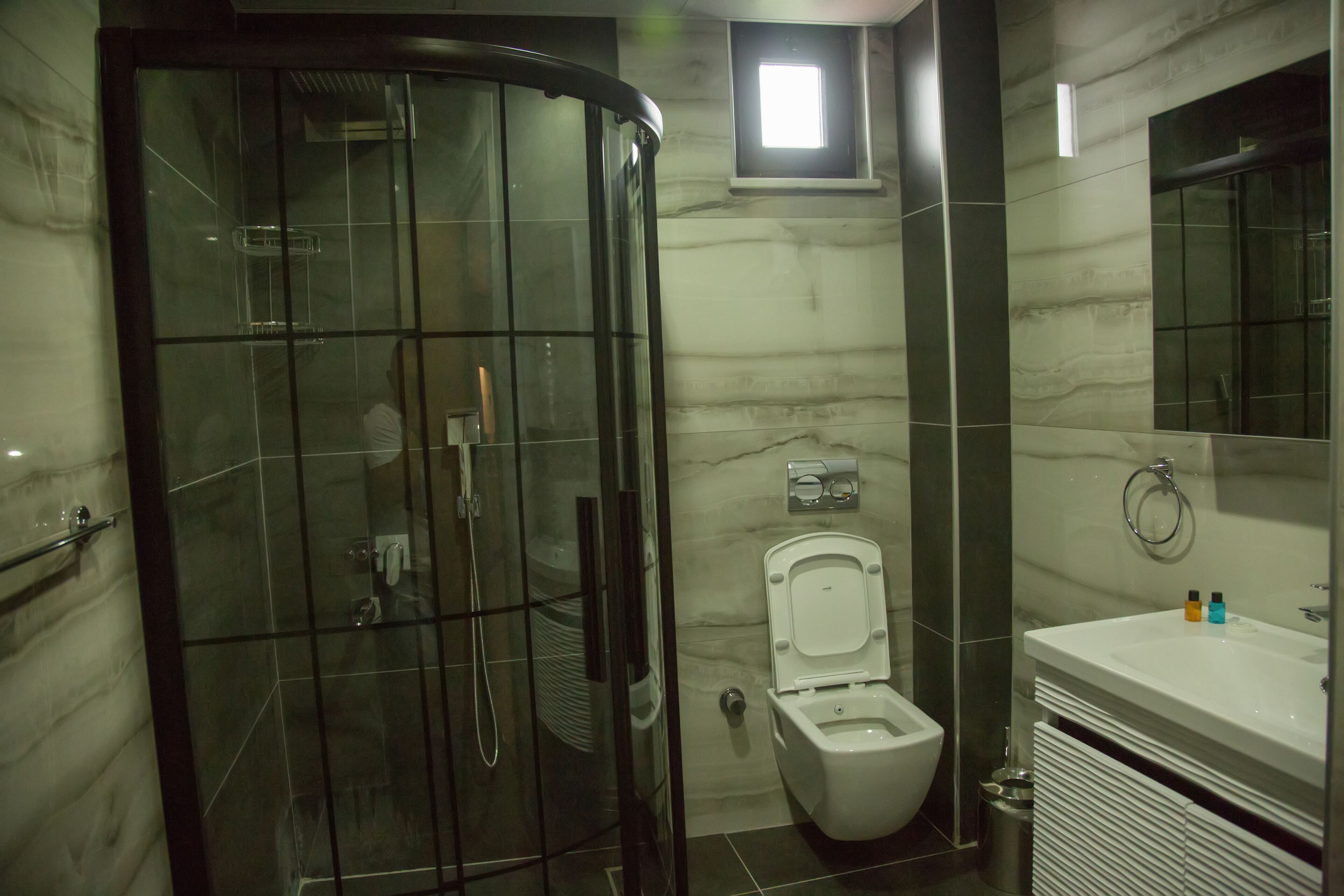 A modern bathroom with a glass-enclosed shower, a white toilet, and a sink with a mirror above it.