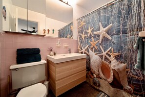 Shower, hair dryer, towels