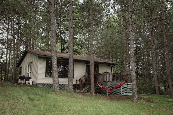 A small cabin surrounded by tall trees, with a hammock and a grill outside.