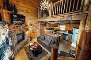 Smart TV, fireplace, foosball