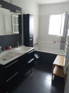 Bathtub, hair dryer, towels, toilet paper