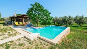 Une piscine avec un espace patio, un coin salon couvert et une vue sur un olivier.