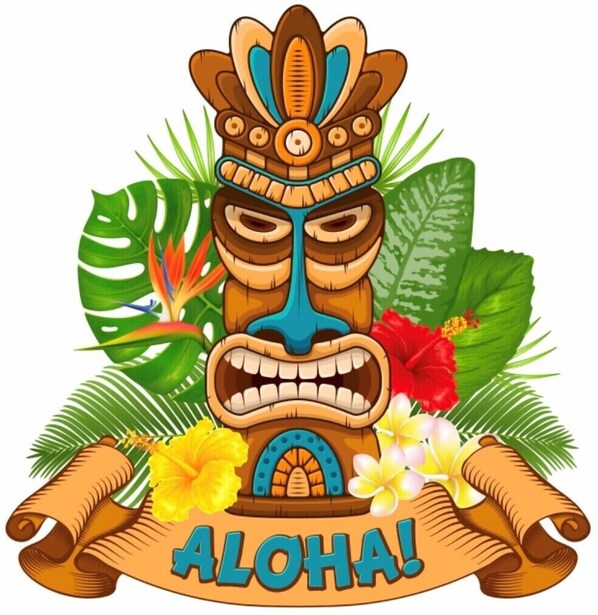 Una máscara tiki de madera con un cartel que dice "ALOHA!", rodeada de hojas y flores tropicales.