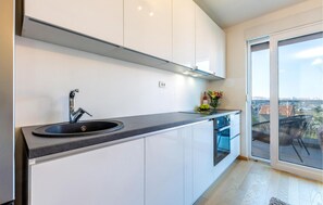 Fridge, stovetop, dishwasher, coffee/tea maker