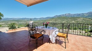 Una terraza con mesa y sillas, un florero y vistas a un viñedo.
