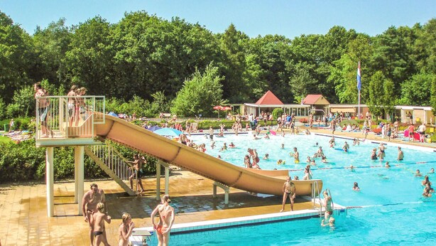 A swimming pool with a slide, surrounded by trees and a pavilion. - Amazing home in Vledder with WiFi (Vledder)