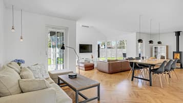 Smart TV, fireplace, stereo