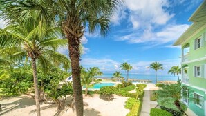Un resort con piscina, palmeras y vista al océano.