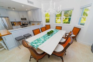 A modern kitchen with white cabinets, a dining area with a white table and wicker chairs, and large windows with a view of greenery. - On The Bay (North Side)