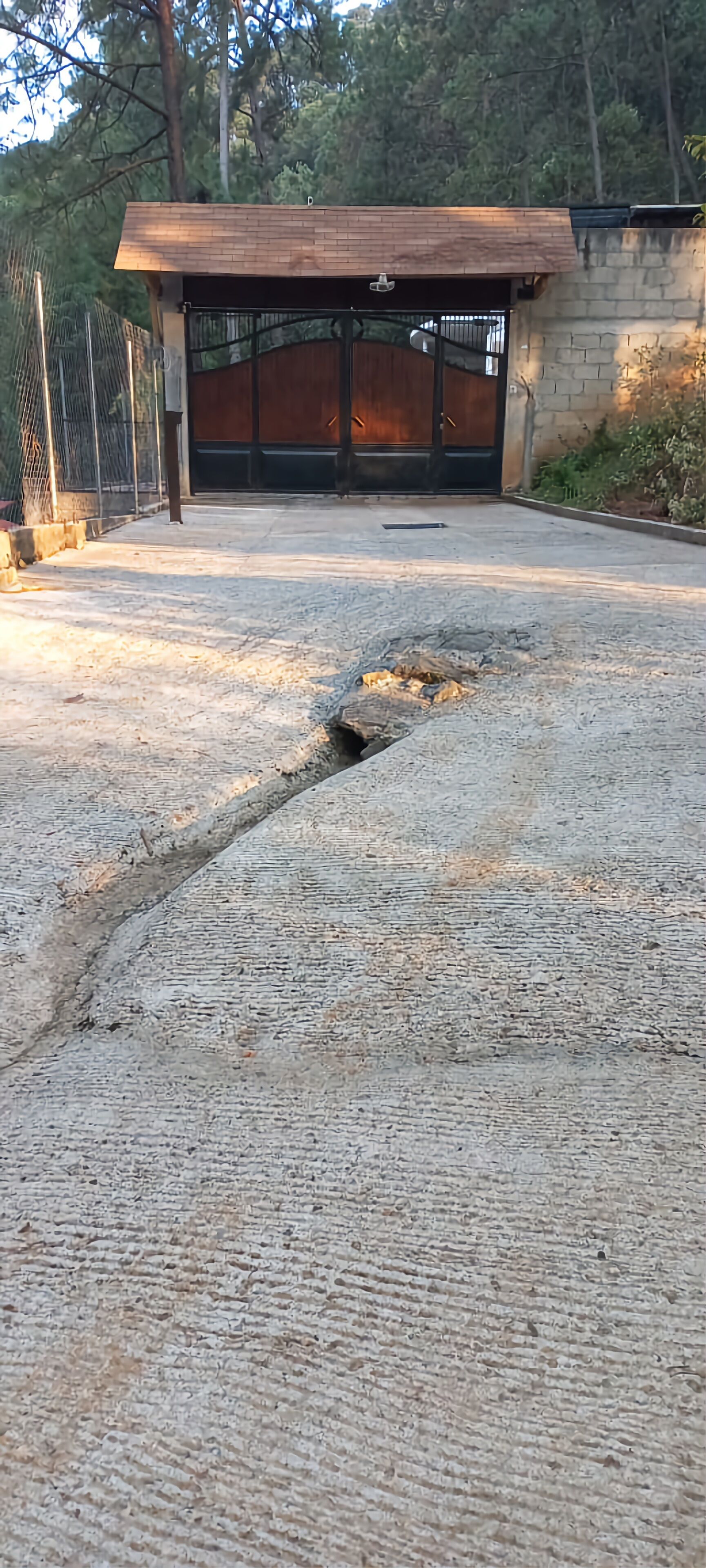 Une zone dallée avec une structure en bois et un portail en métal.