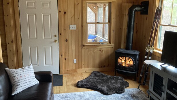 Ein gemütliches Blockhaus-Interieur mit Holzvertäfelung, einer weißen Tür, einem Fenster, einem Kamin, einer Couch und einem Fernseher.